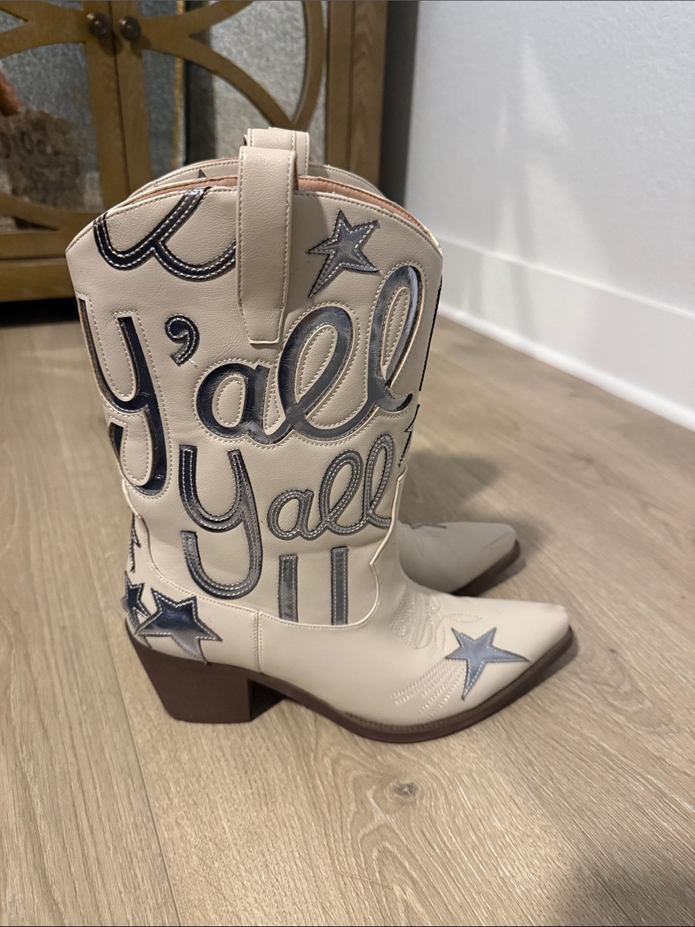 Cream Western Ankle Boots with 'Y'all' Embroidery